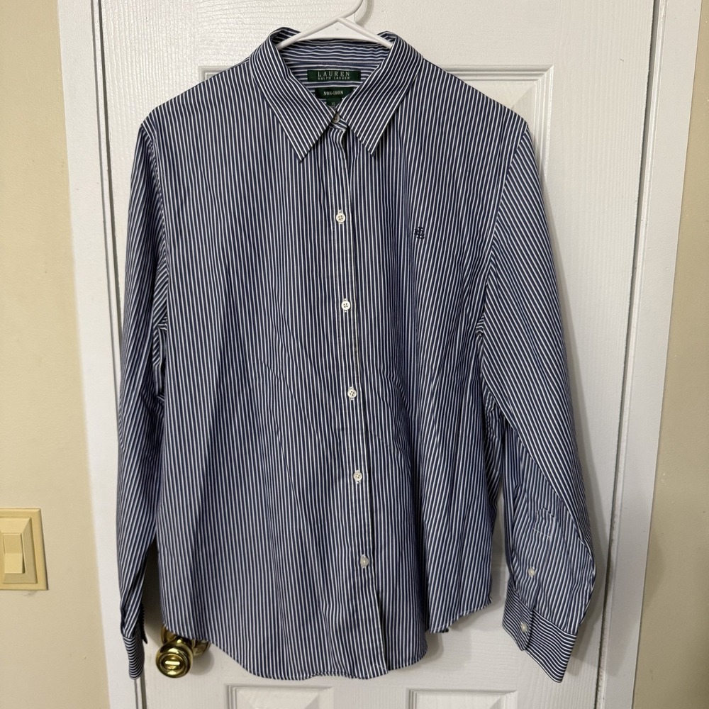 Lauren Ralph Lauren Shirt Womens Sz XL Blue Ivory Striped Button Up Long Sleeves